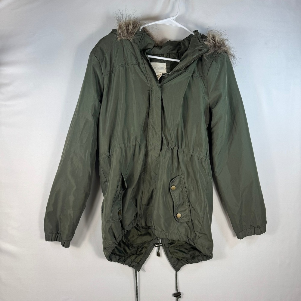 Sky and Sparrow Womens Olive Green Faux Fur Hood Utility Parka Jacket Medium